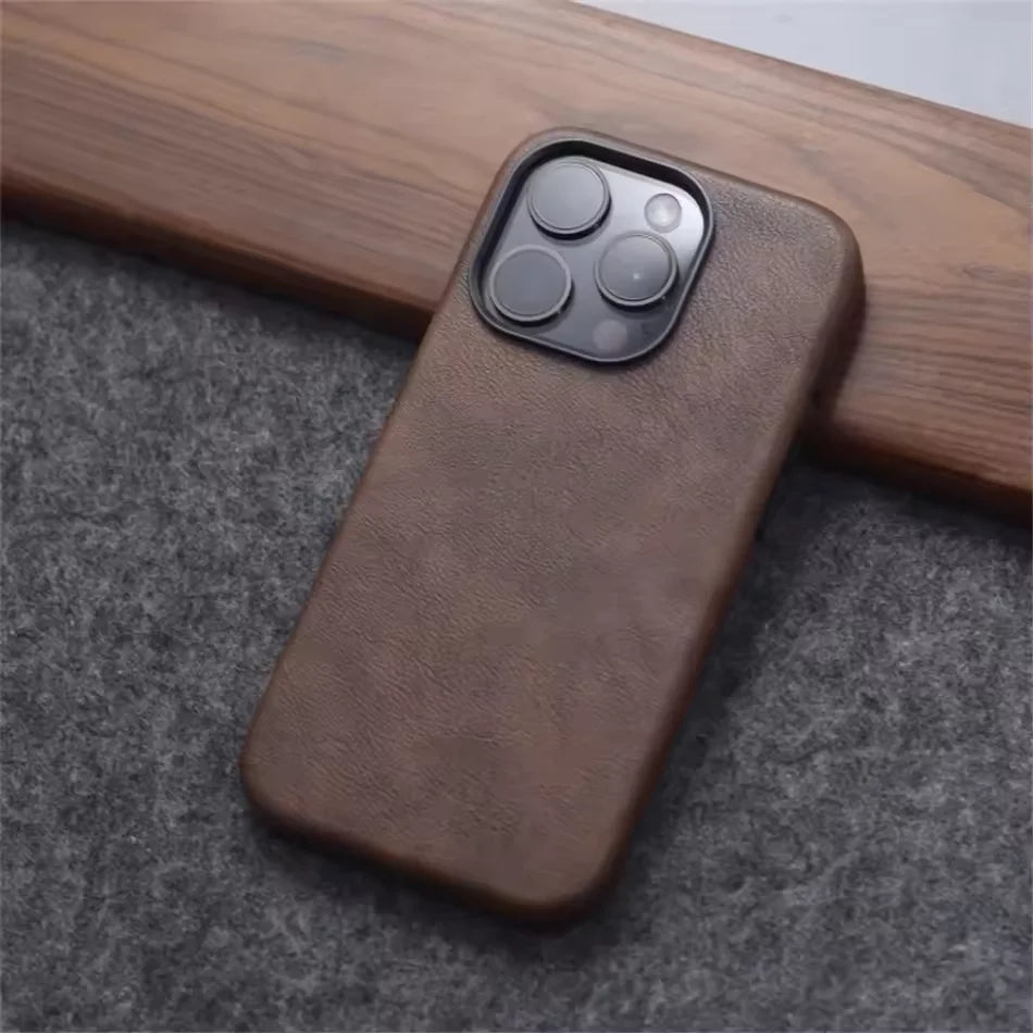 Luxury Business Vintage Leather Magnetic Phone Case for IPhone 16 Plus 15 14 13 12 Pro Max Metal Camera Frame Shockproof Cover