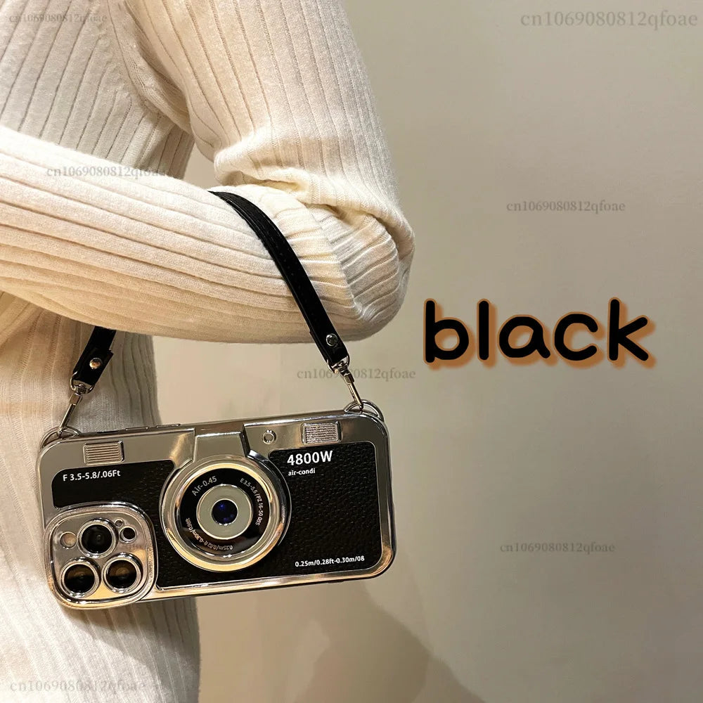 Creative Luxury 3D Retro Camera Phone Case for Iphone 15 14 13 12 11 Pro Max 14plus Cute Soft Tpu Phone Case Lanyard Back Cover