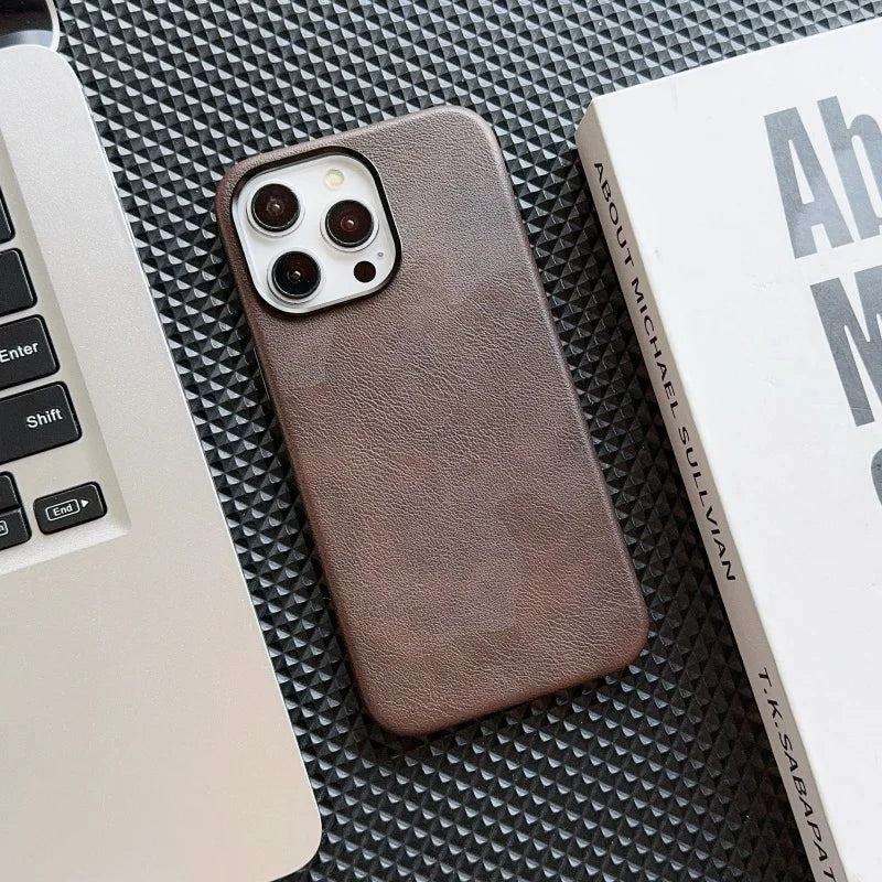 Luxury Business Vintage Leather Magnetic Phone Case for IPhone 16 Plus 15 14 13 12 Pro Max Metal Camera Frame Shockproof Cover