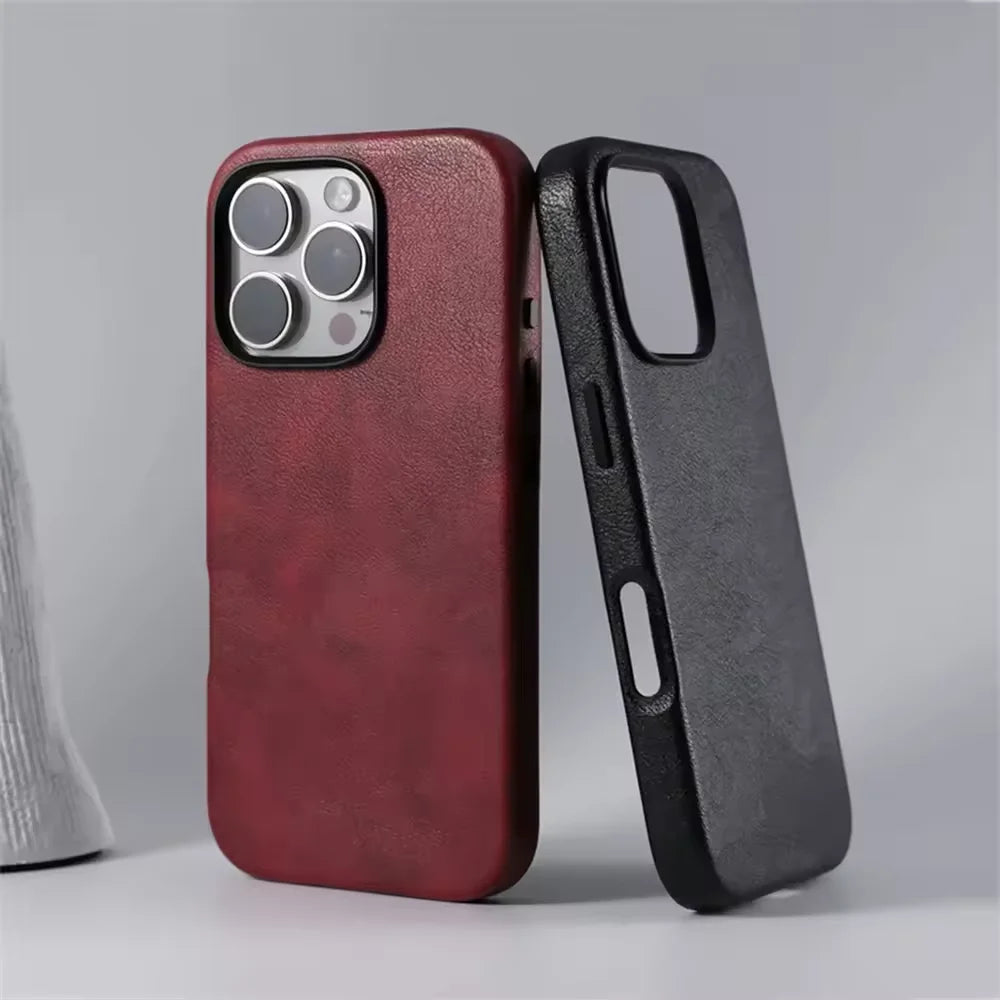 Luxury Business Vintage Leather Magnetic Phone Case for IPhone 16 Plus 15 14 13 12 Pro Max Metal Camera Frame Shockproof Cover
