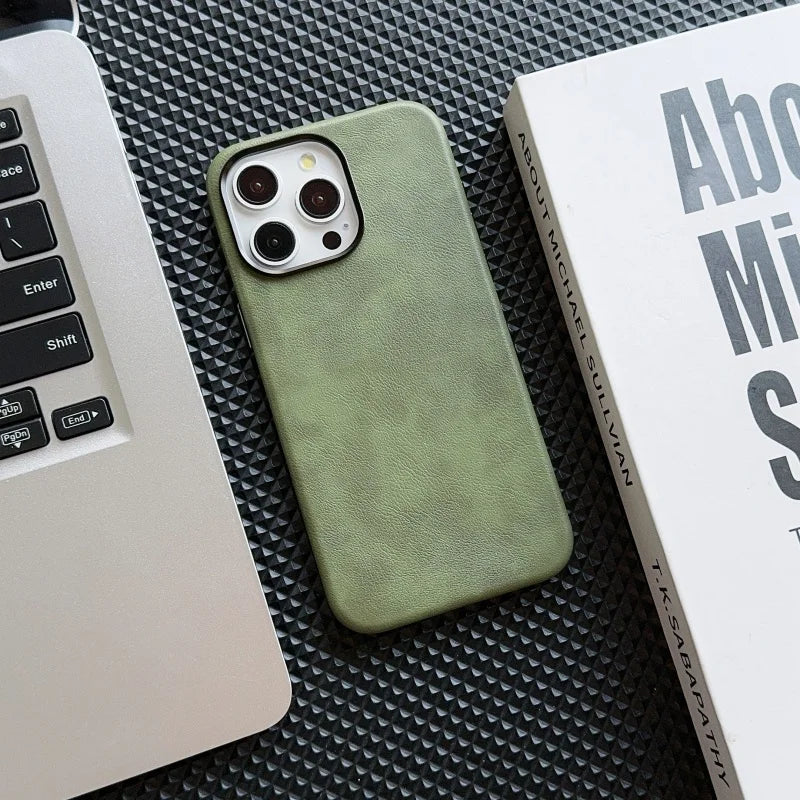 Luxury Business Vintage Leather Magnetic Phone Case for IPhone 16 Plus 15 14 13 12 Pro Max Metal Camera Frame Shockproof Cover