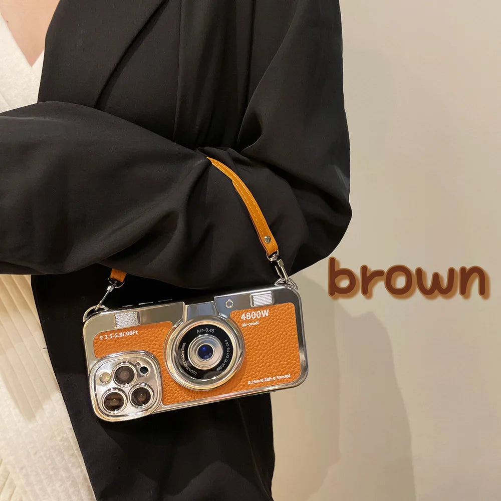Creative Luxury 3D Retro Camera Phone Case for Iphone 15 14 13 12 11 Pro Max 14plus Cute Soft Tpu Phone Case Lanyard Back Cover