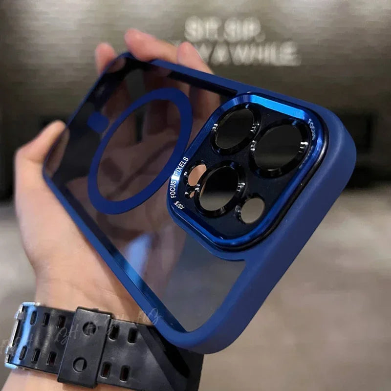 Luxury Magnetic Metal Lens Bumper Protection Case For iPhone 16 15 14 13 12 11 Pro Max Plus Magsafe Acrylic Translucency Cover