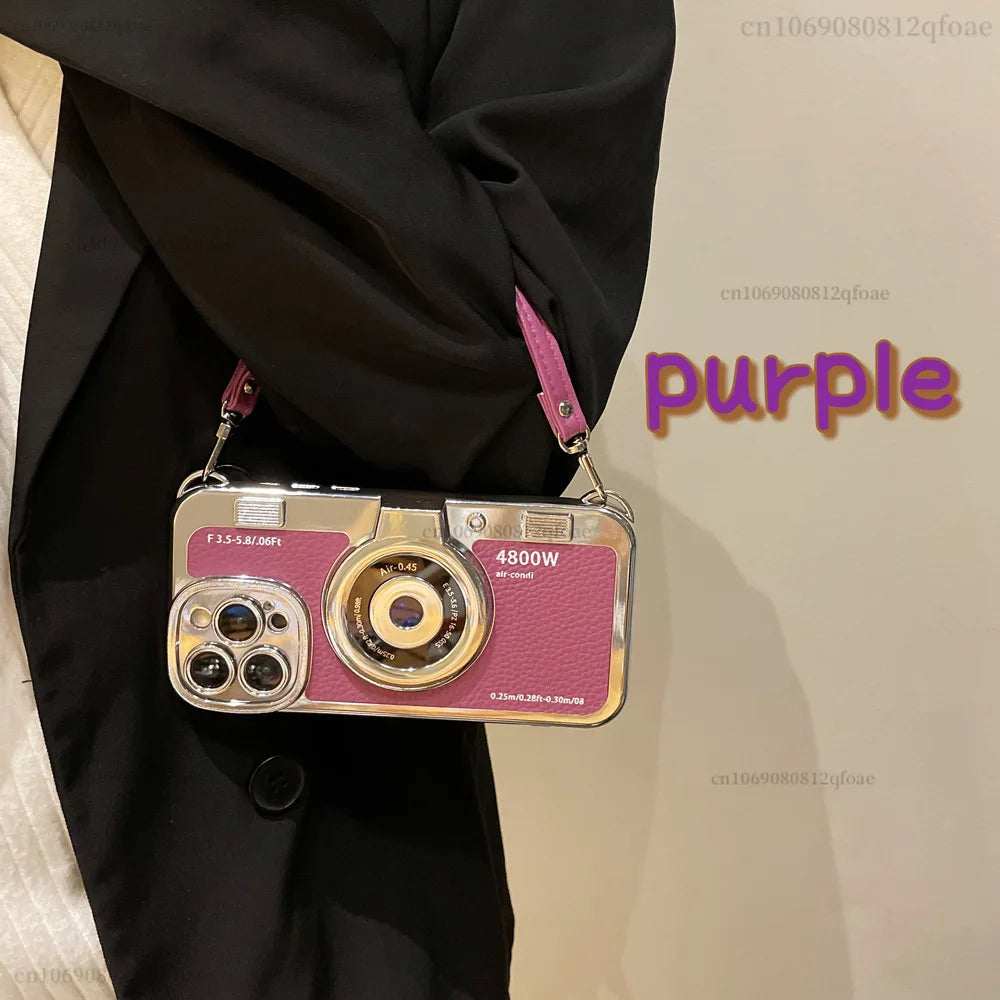 Creative Luxury 3D Retro Camera Phone Case for Iphone 15 14 13 12 11 Pro Max 14plus Cute Soft Tpu Phone Case Lanyard Back Cover