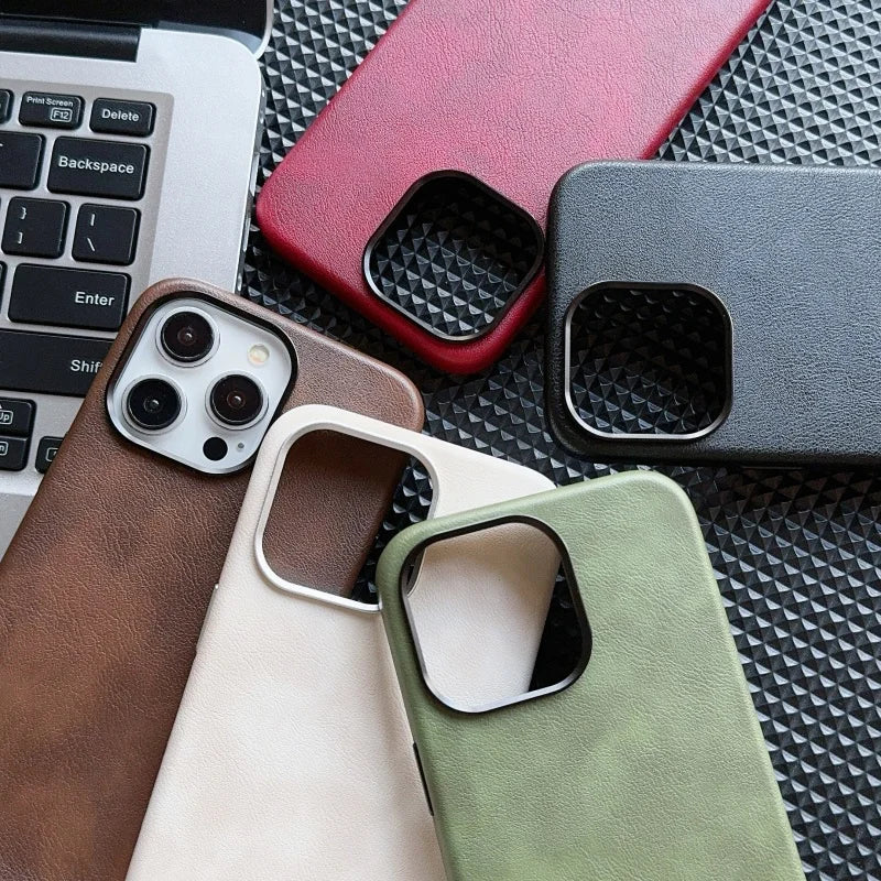 Luxury Business Vintage Leather Magnetic Phone Case for IPhone 16 Plus 15 14 13 12 Pro Max Metal Camera Frame Shockproof Cover