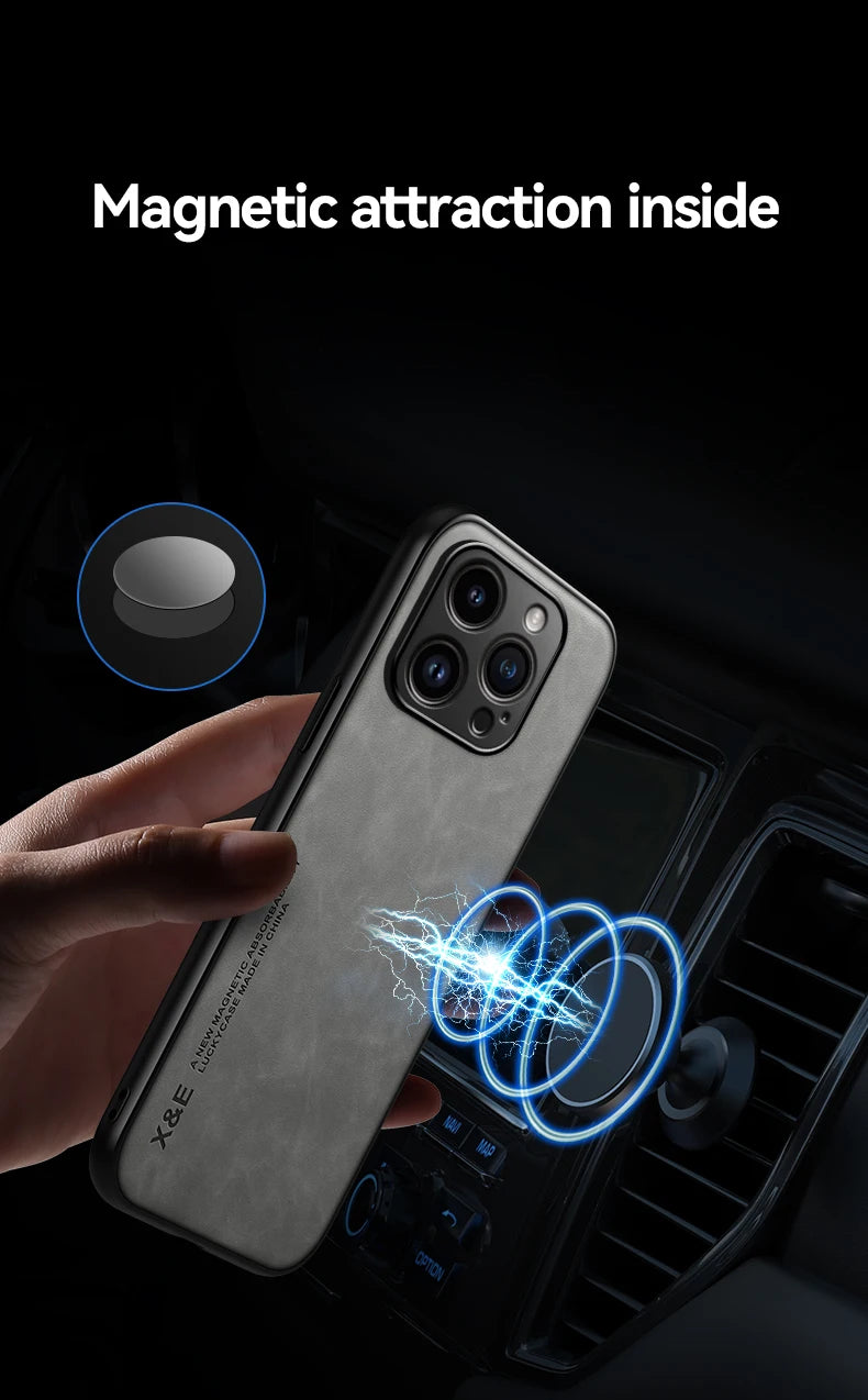 Luxury Leather Case For iPhone 15 14 13 Pro Max Cover With Metal Plate Support Car Hold For iPhone 15 14 13 Pro 11 12 case