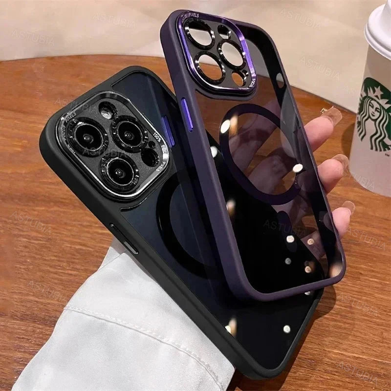 Luxury Magnetic Metal Lens Bumper Protection Case For iPhone 16 15 14 13 12 11 Pro Max Plus Magsafe Acrylic Translucency Cover