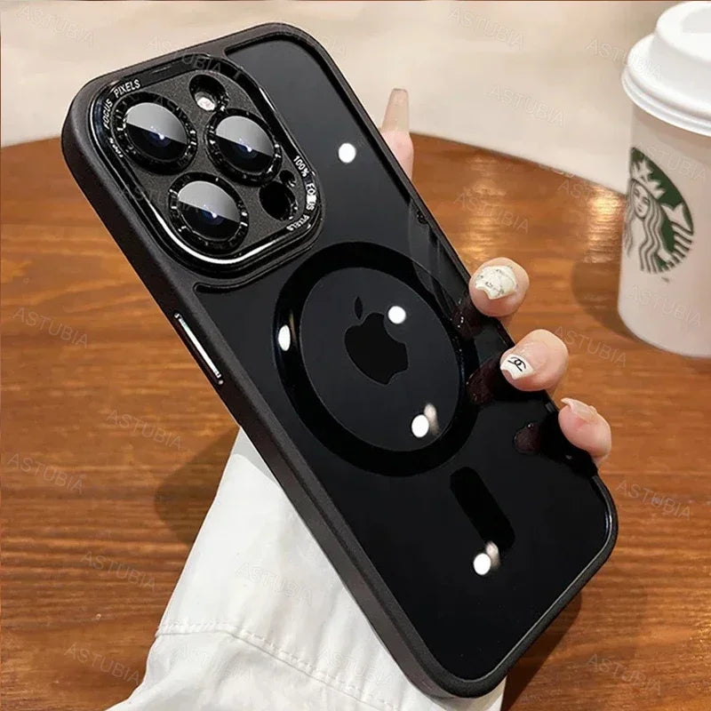 Luxury Magnetic Metal Lens Bumper Protection Case For iPhone 16 15 14 13 12 11 Pro Max Plus Magsafe Acrylic Translucency Cover