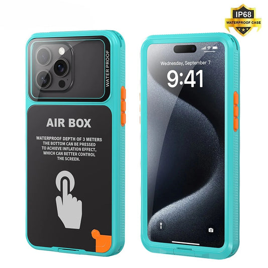 Teal and orange waterproof phone case with a clear screen protector and camera lens cover.