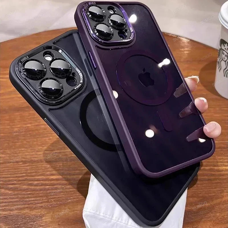 Luxury Magnetic Metal Lens Bumper Protection Case For iPhone 16 15 14 13 12 11 Pro Max Plus Magsafe Acrylic Translucency Cover
