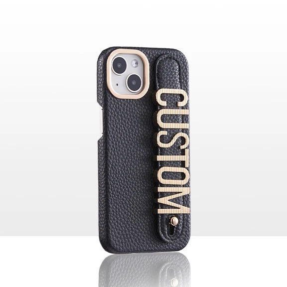 Leather Phone Case Custom Name Wristband Metal Gold Letters Personalized Cover for iPhone16 15 14 13 12 11ProMax 15 16plus