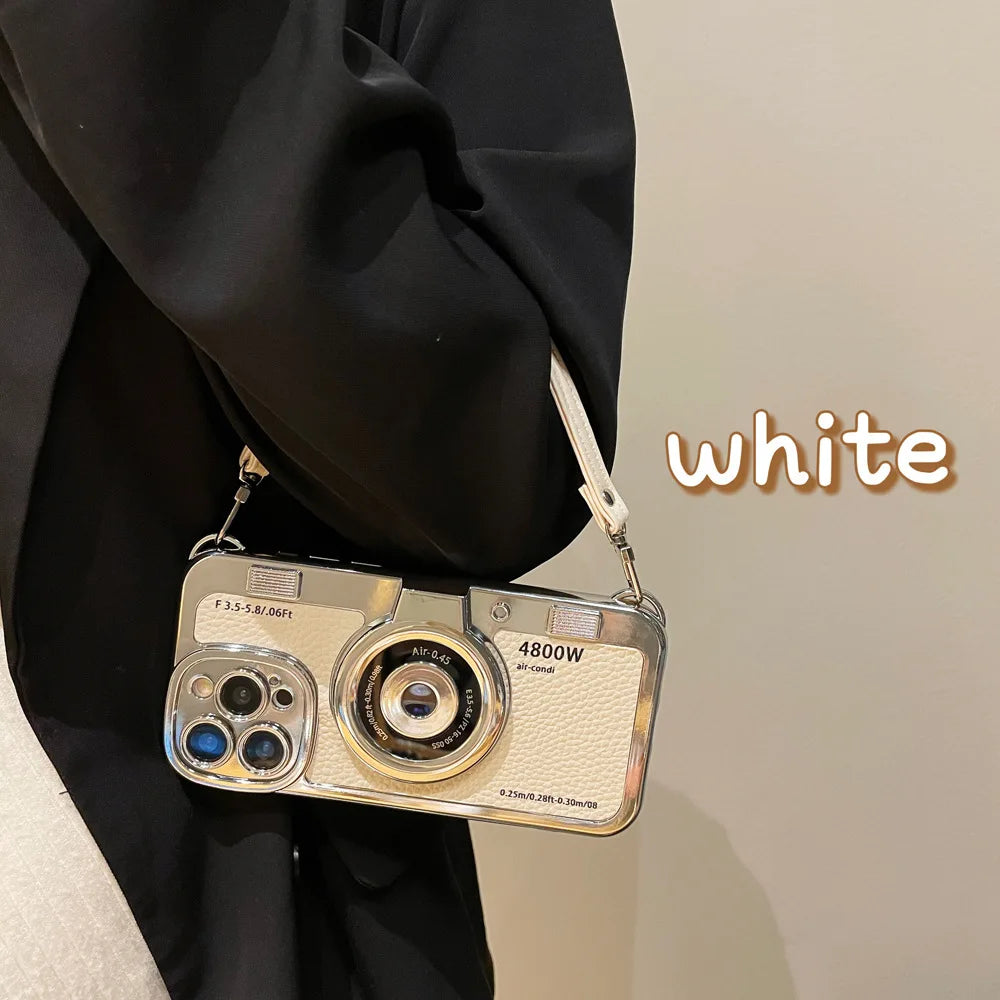 Creative Luxury 3D Retro Camera Phone Case for Iphone 15 14 13 12 11 Pro Max 14plus Cute Soft Tpu Phone Case Lanyard Back Cover