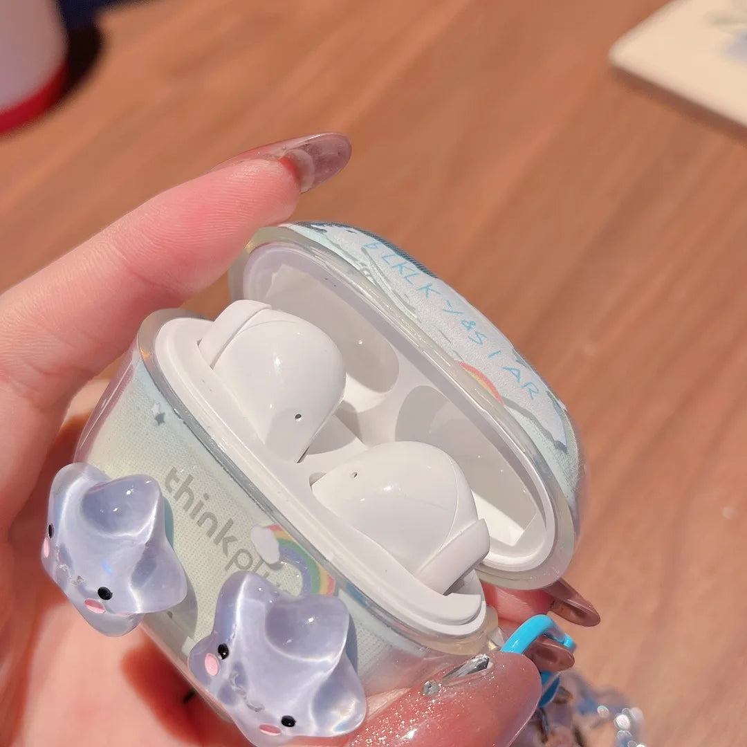 Suitable For Lenovo LP40 TWS Earphone Protective Case Cartoon Cherry Bow Headset Soft TPU Clear Earphone Cover With Keychain