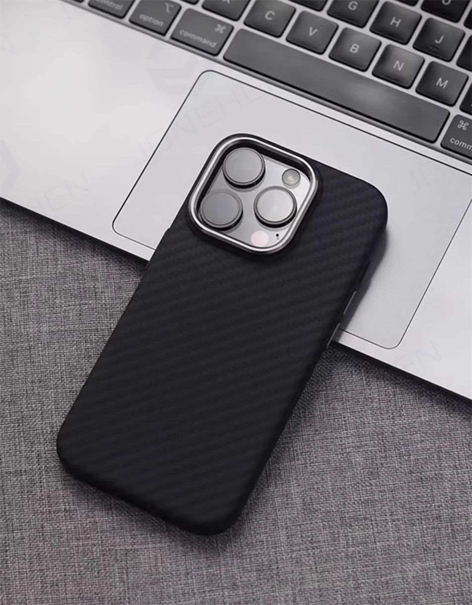 Luxury Alloy Lens 3D Relief Black Carbon Fibre Pattern Case For iPhone 13 14 15 16 Pro Max Slim Shockproof PC Cover For Magsafe