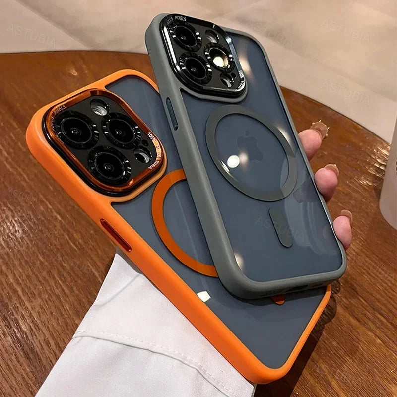 Luxury Magnetic Metal Lens Bumper Protection Case For iPhone 16 15 14 13 12 11 Pro Max Plus Magsafe Acrylic Translucency Cover