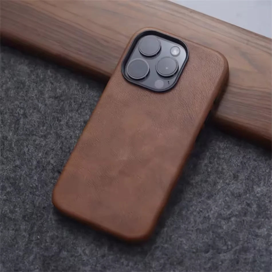 Luxury Business Vintage Leather Magnetic Phone Case for IPhone 16 Plus 15 14 13 12 Pro Max Metal Camera Frame Shockproof Cover