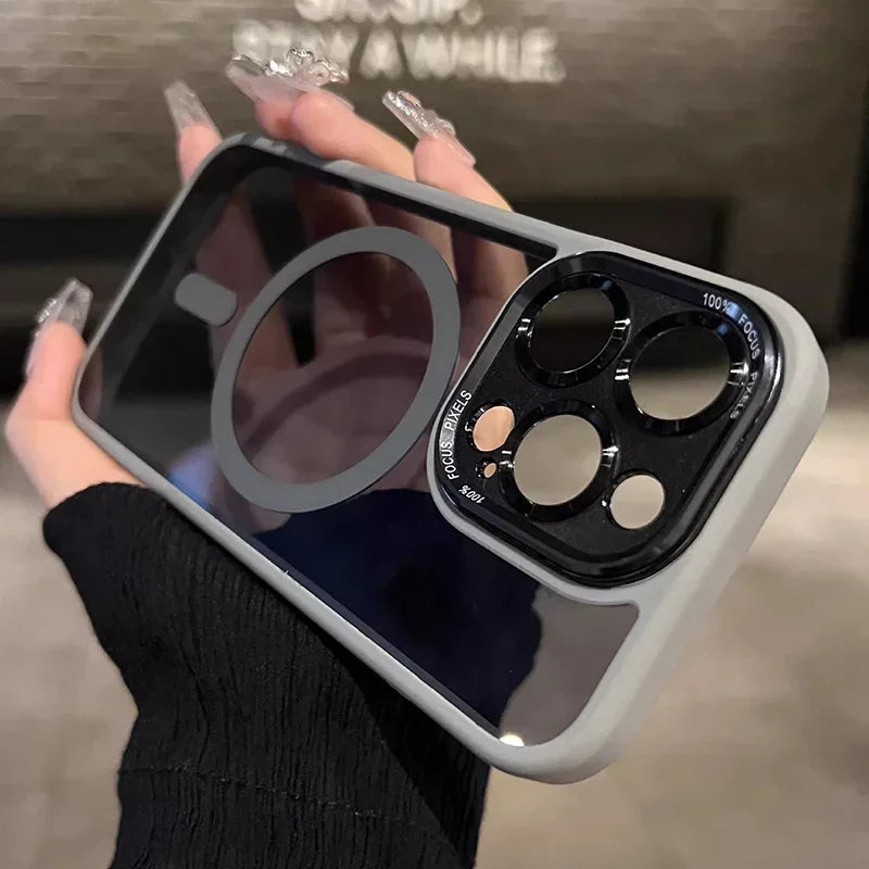 Luxury Magnetic Metal Lens Bumper Protection Case For iPhone 16 15 14 13 12 11 Pro Max Plus Magsafe Acrylic Translucency Cover