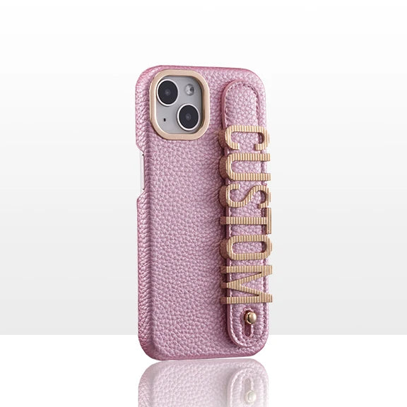 Leather Phone Case Custom Name Wristband Metal Gold Letters Personalized Cover for iPhone16 15 14 13 12 11ProMax 15 16plus