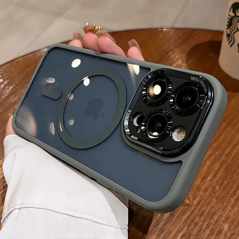 Luxury Magnetic Metal Lens Bumper Protection Case For iPhone 16 15 14 13 12 11 Pro Max Plus Magsafe Acrylic Translucency Cover