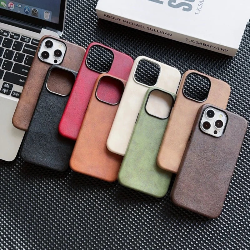 Luxury Business Vintage Leather Magnetic Phone Case for IPhone 16 Plus 15 14 13 12 Pro Max Metal Camera Frame Shockproof Cover