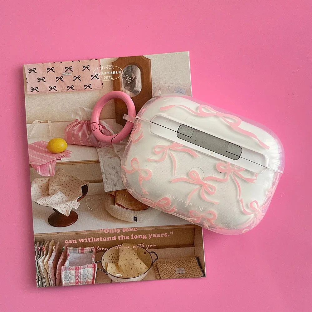 Pink Bow Knot Headset Case for AirPods 1/2 With Keychain for AirPods Pro2 4nd Charging Box Fundas for AirPods 3 Clear Shockproof