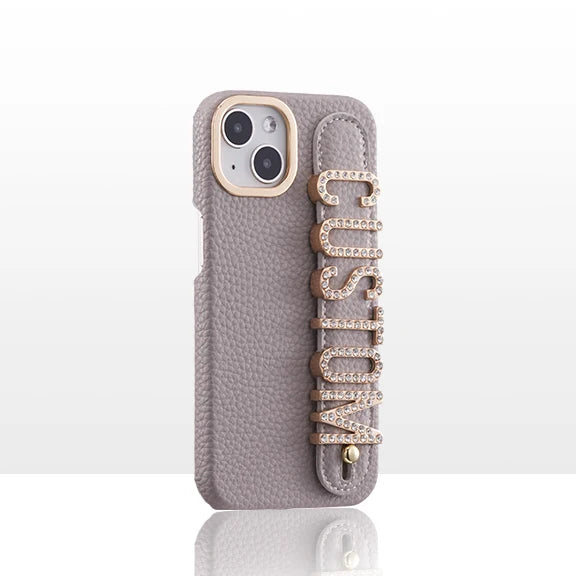 Leather Phone Case Custom Name Wristband Metal Gold Letters Personalized Cover for iPhone16 15 14 13 12 11ProMax 15 16plus