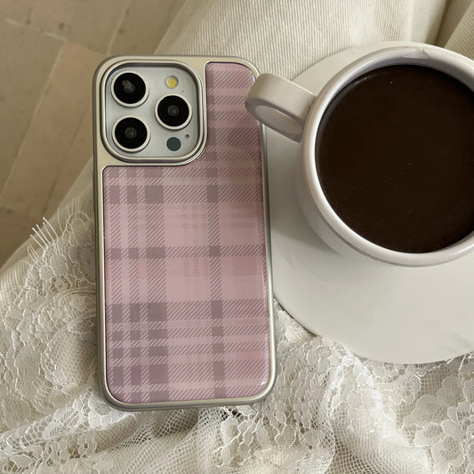 Stylish Simple Electroplate Pink Plaid Pattern Solid Color Phone for iPhone 13 14 15 16 Pro Max Glossy Shockproof Phone Case