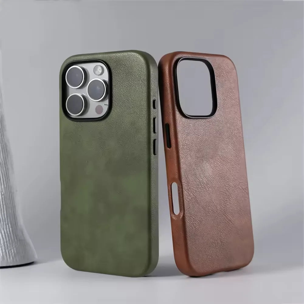 Luxury Business Vintage Leather Magnetic Phone Case for IPhone 16 Plus 15 14 13 12 Pro Max Metal Camera Frame Shockproof Cover