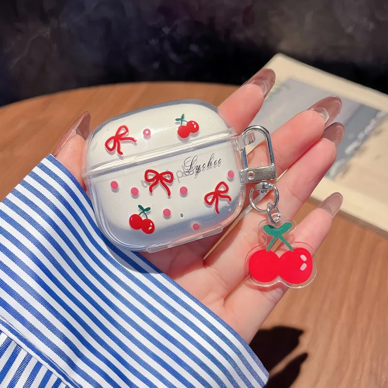 Suitable For Lenovo LP40 TWS Earphone Protective Case Cartoon Cherry Bow Headset Soft TPU Clear Earphone Cover With Keychain