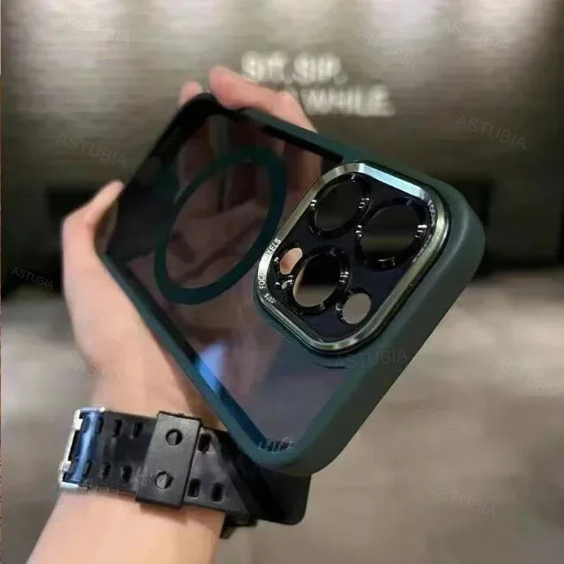 Luxury Magnetic Metal Lens Bumper Protection Case For iPhone 16 15 14 13 12 11 Pro Max Plus Magsafe Acrylic Translucency Cover