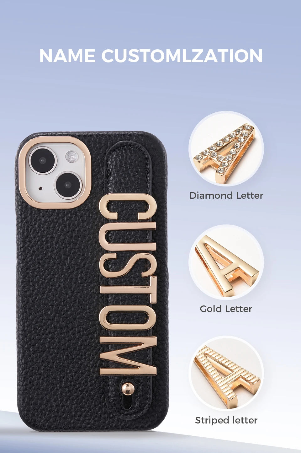 Leather Phone Case Custom Name Wristband Metal Gold Letters Personalized Cover for iPhone16 15 14 13 12 11ProMax 15 16plus