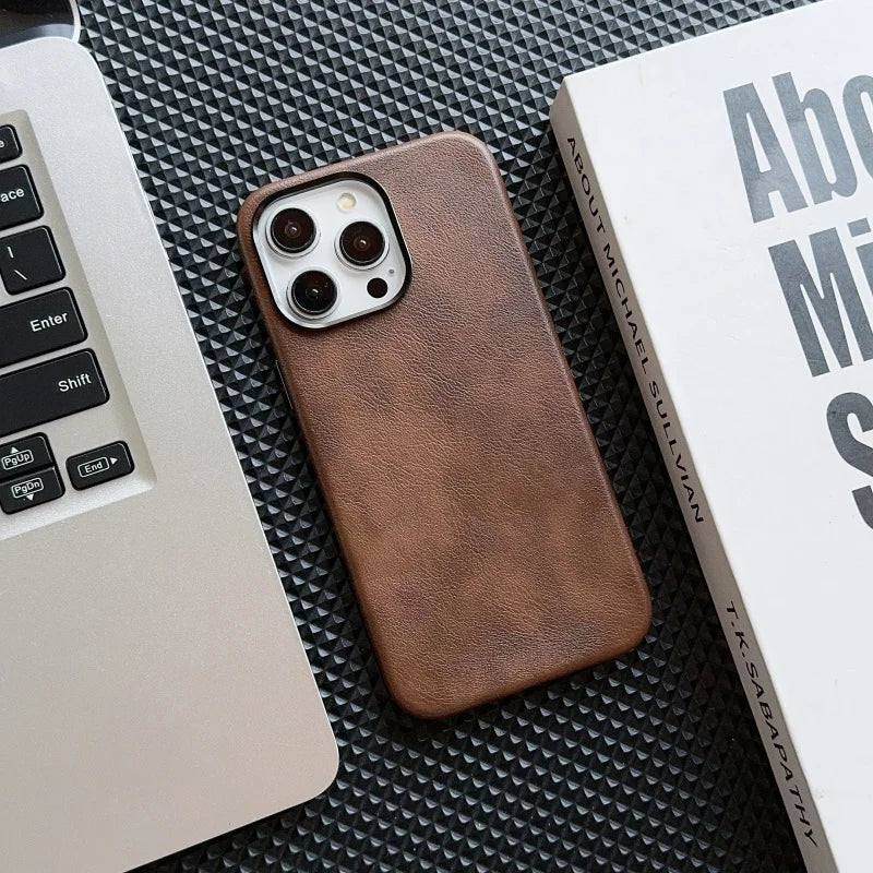 Luxury Business Vintage Leather Magnetic Phone Case for IPhone 16 Plus 15 14 13 12 Pro Max Metal Camera Frame Shockproof Cover