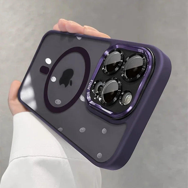 Luxury Magnetic Metal Lens Bumper Protection Case For iPhone 16 15 14 13 12 11 Pro Max Plus Magsafe Acrylic Translucency Cover
