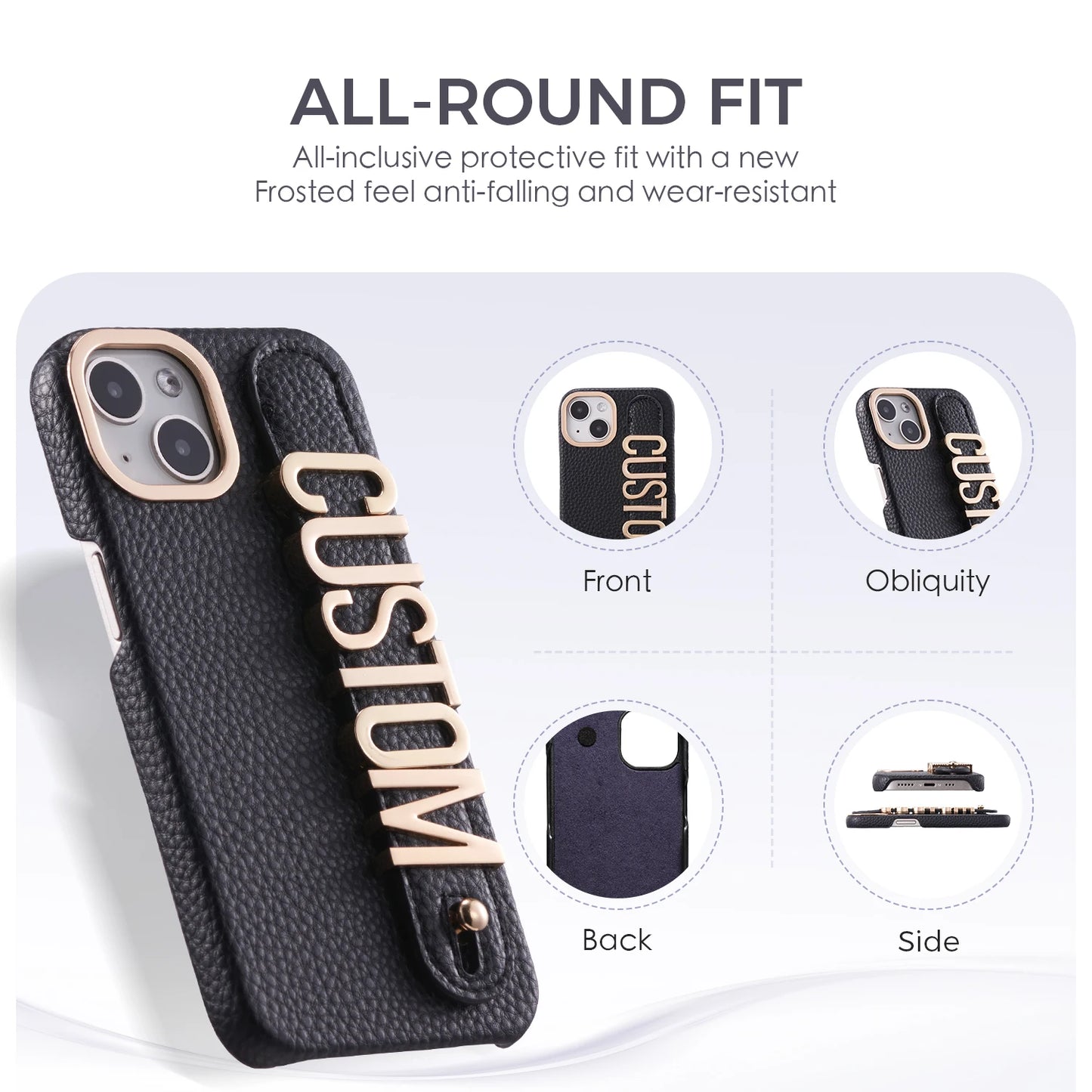 Leather Phone Case Custom Name Wristband Metal Gold Letters Personalized Cover for iPhone16 15 14 13 12 11ProMax 15 16plus