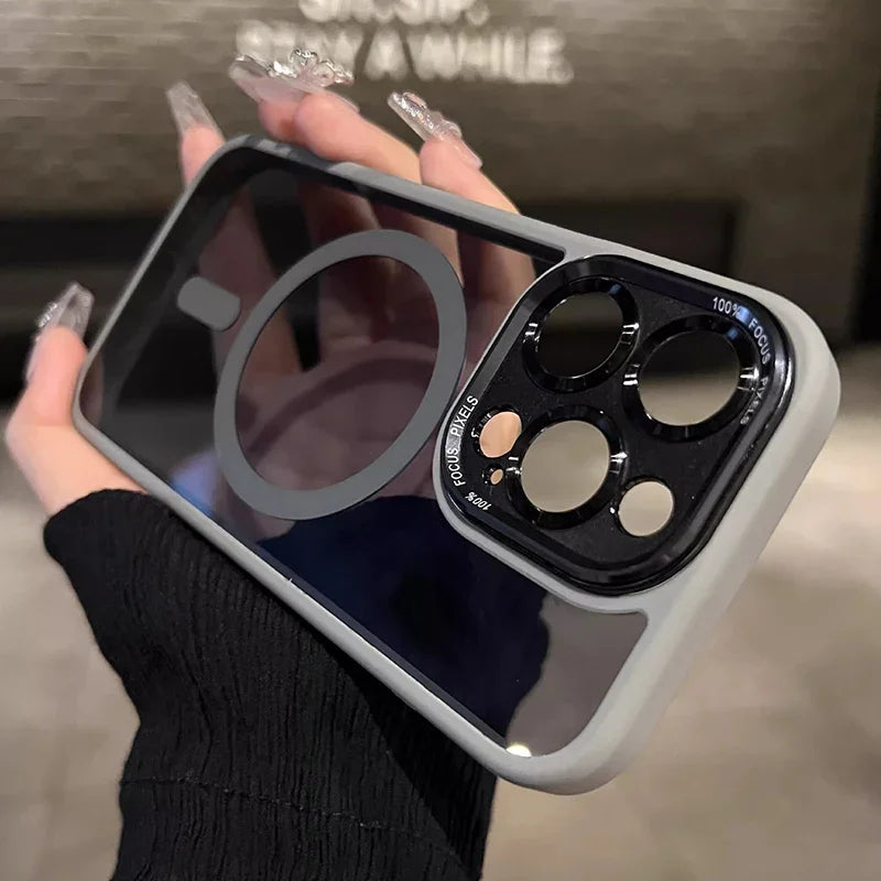 Luxury Magnetic Metal Lens Bumper Protection Case For iPhone 16 15 14 13 12 11 Pro Max Plus Magsafe Acrylic Translucency Cover