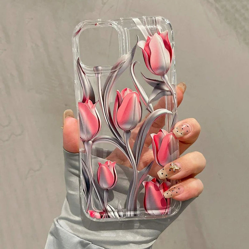 Metal Tulip Pattern Airbag Protective Phone Case For iPhone 14 13 11 15 16 Pro Max 16E 12 Mini XS XR X 8 7 Plus SE 2 Plus Cover