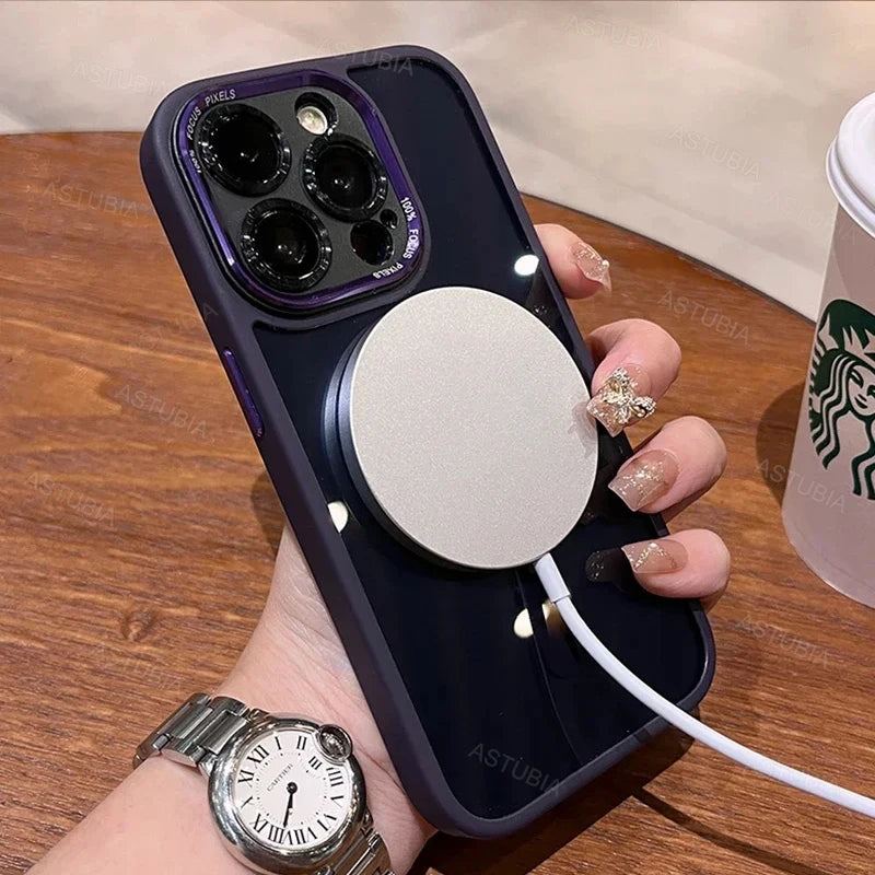Luxury Magnetic Metal Lens Bumper Protection Case For iPhone 16 15 14 13 12 11 Pro Max Plus Magsafe Acrylic Translucency Cover