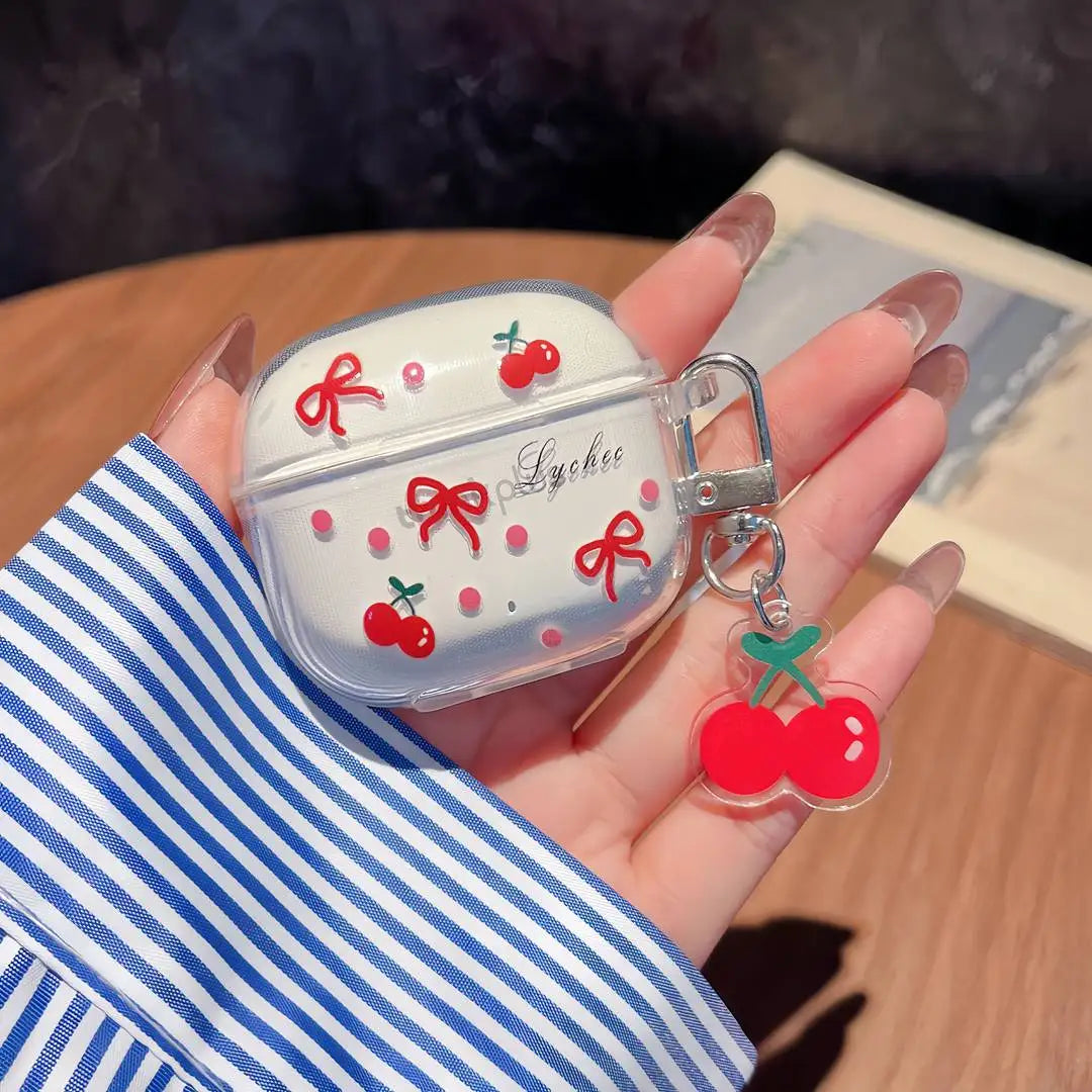 Suitable For Lenovo LP40 TWS Earphone Protective Case Cartoon Cherry Bow Headset Soft TPU Clear Earphone Cover With Keychain