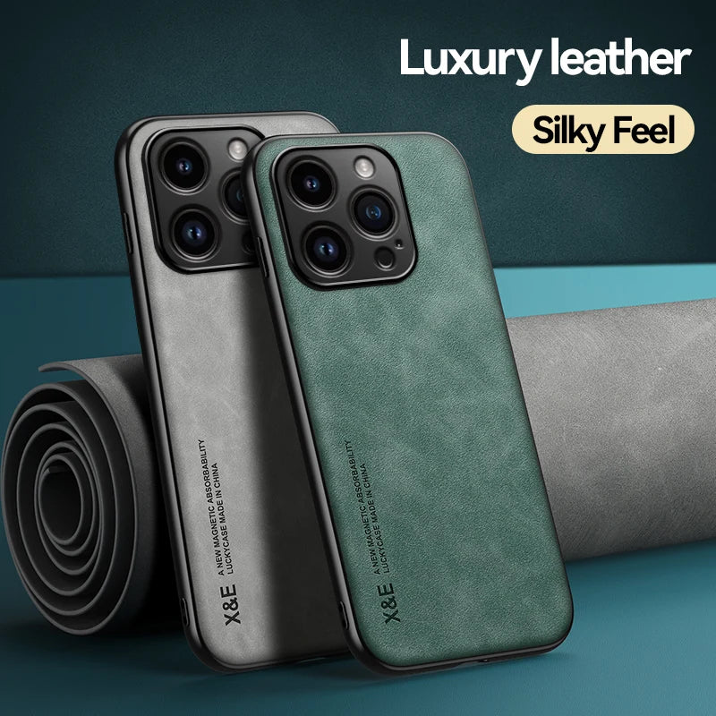 Luxury Leather Case For iPhone 15 14 13 Pro Max Cover With Metal Plate Support Car Hold For iPhone 15 14 13 Pro 11 12 case