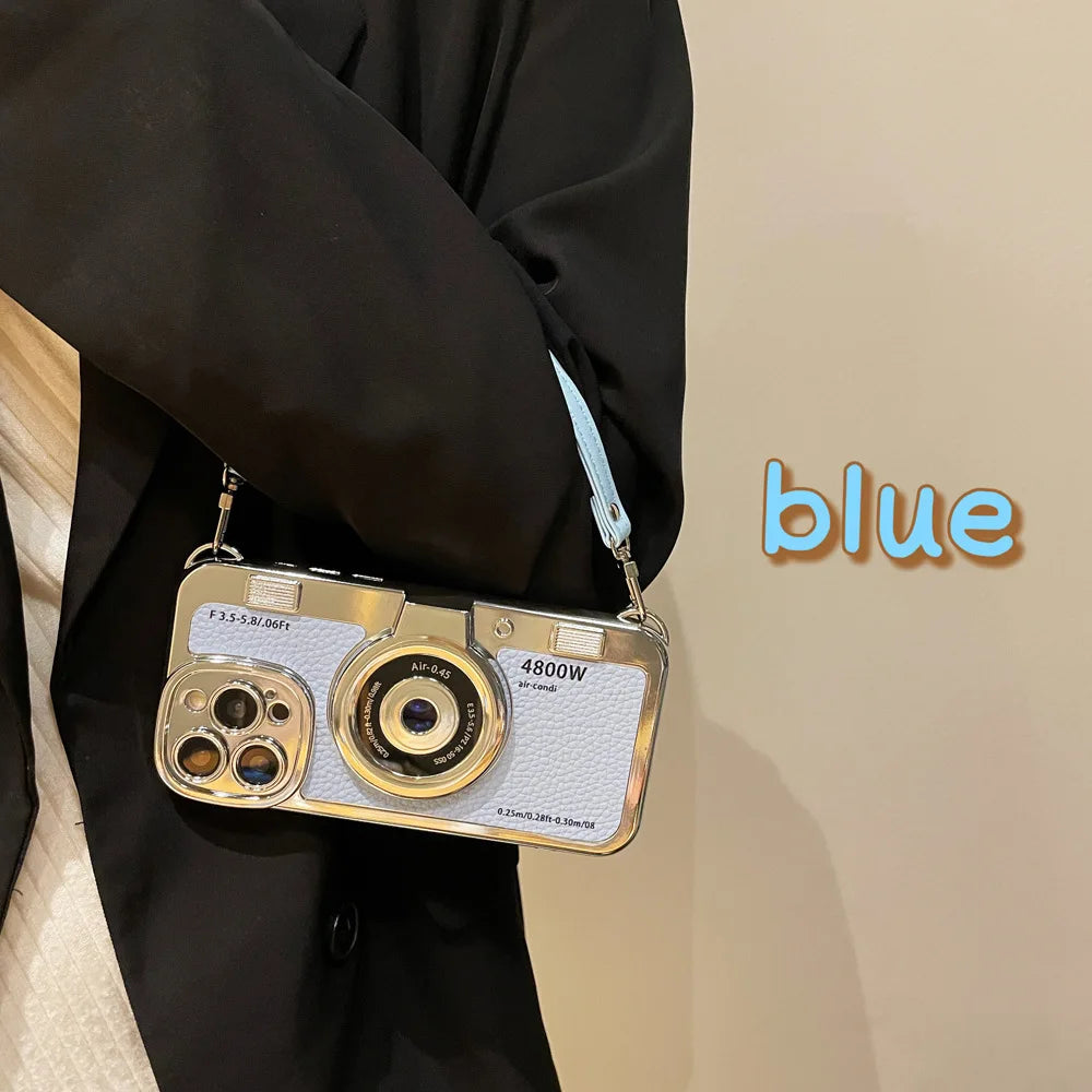 Creative Luxury 3D Retro Camera Phone Case for Iphone 15 14 13 12 11 Pro Max 14plus Cute Soft Tpu Phone Case Lanyard Back Cover