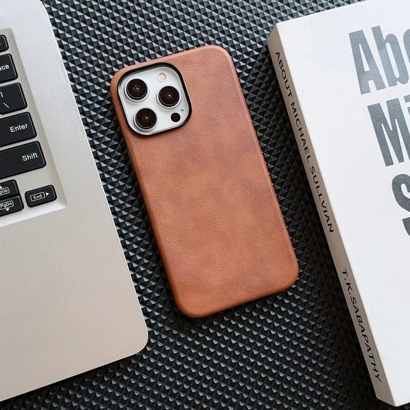 Luxury Business Vintage Leather Magnetic Phone Case for IPhone 16 Plus 15 14 13 12 Pro Max Metal Camera Frame Shockproof Cover
