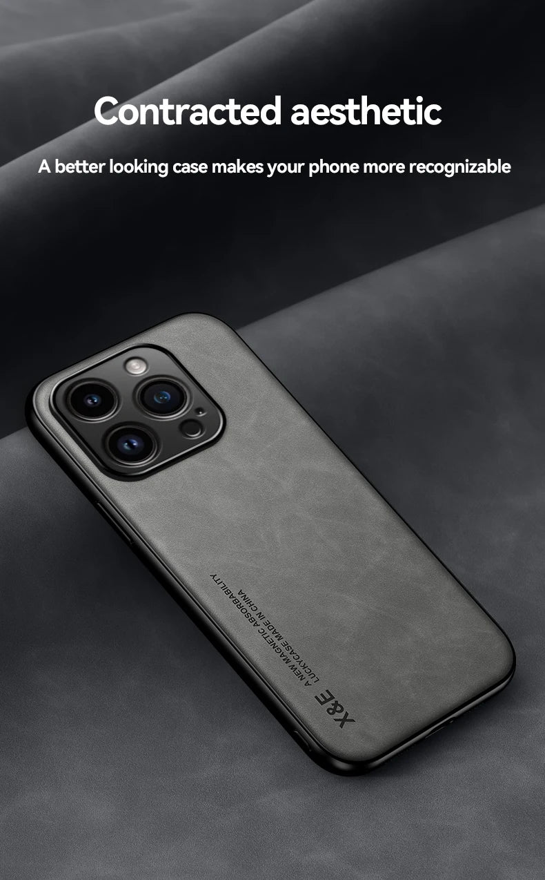 Luxury Leather Case For iPhone 15 14 13 Pro Max Cover With Metal Plate Support Car Hold For iPhone 15 14 13 Pro 11 12 case