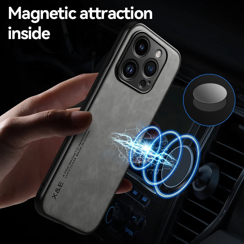 Luxury Leather Case For iPhone 15 14 13 Pro Max Cover With Metal Plate Support Car Hold For iPhone 15 14 13 Pro 11 12 case