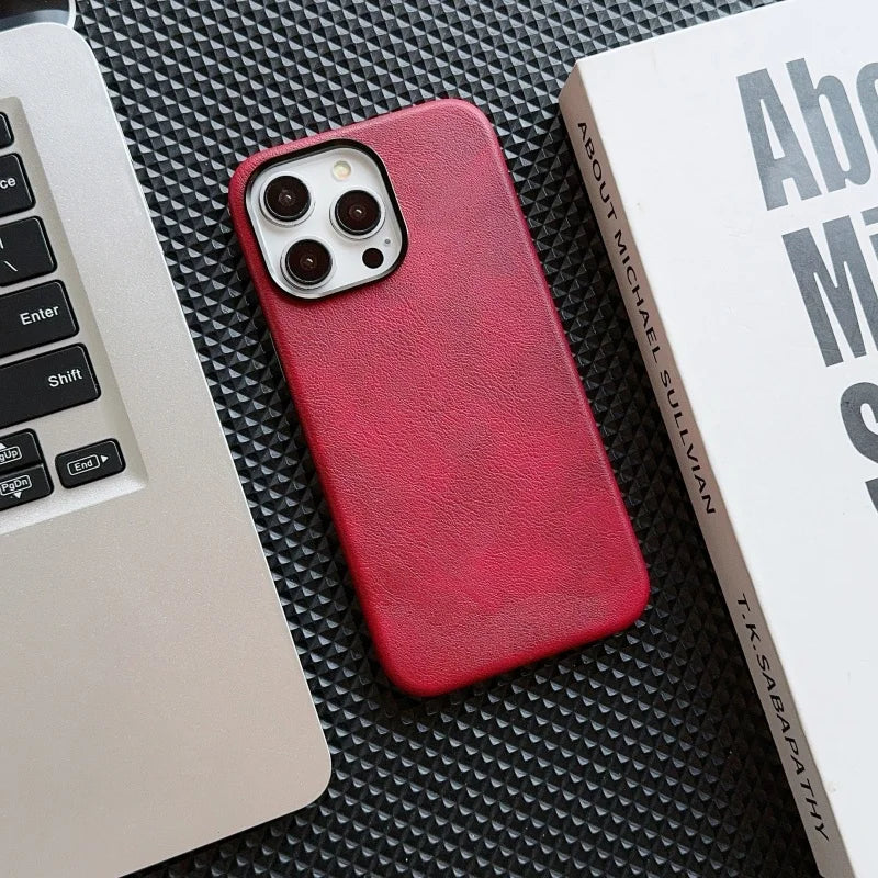 Luxury Business Vintage Leather Magnetic Phone Case for IPhone 16 Plus 15 14 13 12 Pro Max Metal Camera Frame Shockproof Cover