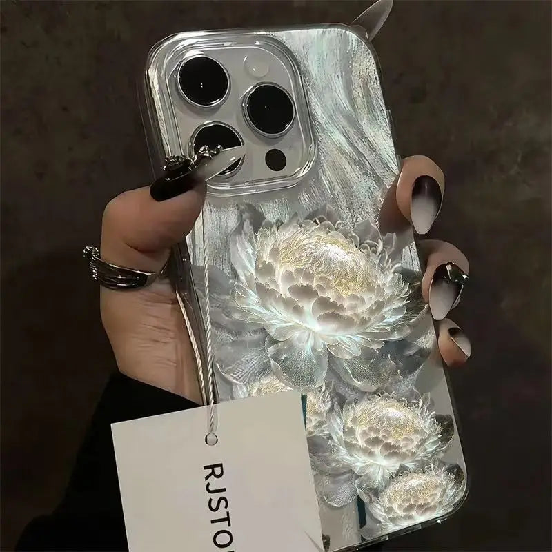 Five Golden Lotus Pattern Phone Case for IPhone 11 13 14 15 16 Pro Max 7 8 14 15 Plus X XS Max XR 16e Feather Texture Hard Cover