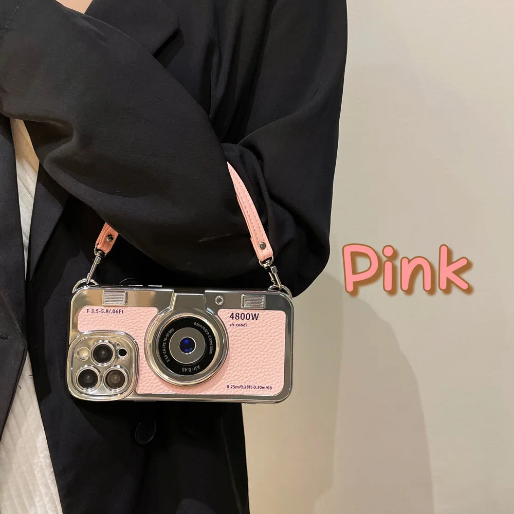 Creative Luxury 3D Retro Camera Phone Case for Iphone 15 14 13 12 11 Pro Max 14plus Cute Soft Tpu Phone Case Lanyard Back Cover