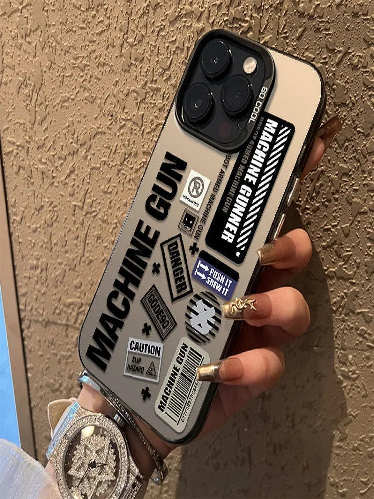 Fashion Trendy Label Phone Case for iPhone 16 12 13 mini 11 14 15 Pro Max Xs XR 7 8 Plus Dual Layer Hard IMD Plastic Laser Cover
