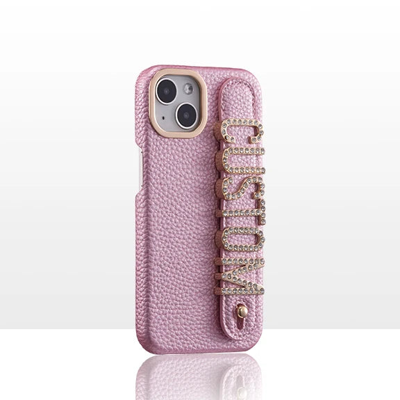Leather Phone Case Custom Name Wristband Metal Gold Letters Personalized Cover for iPhone16 15 14 13 12 11ProMax 15 16plus