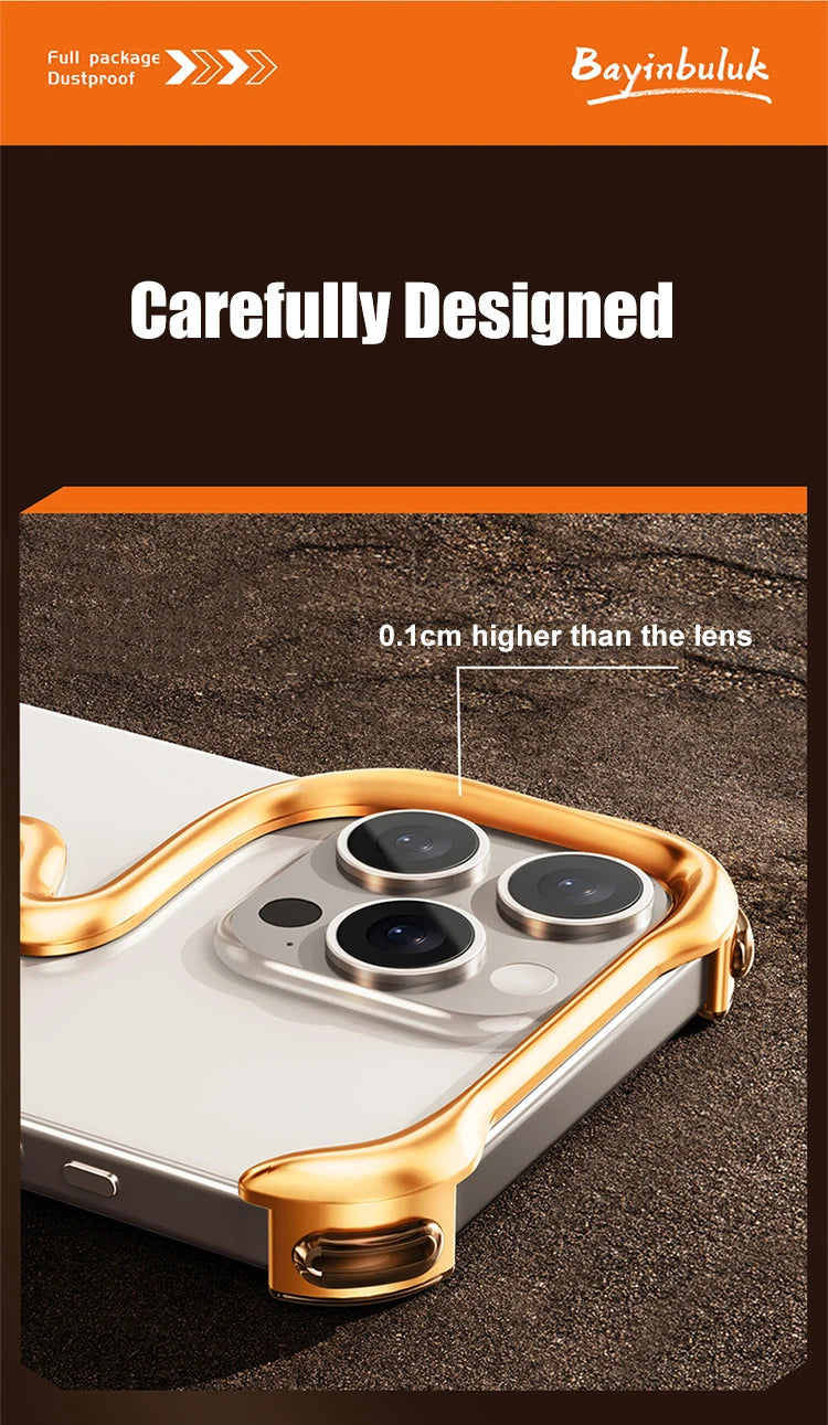 Metal 3D Track Bumper Phone Case For iPhone 16 Plus 15 14 Pro Max 15Pro Aluminum Alloy Frameless Shell Air Bag Shockproof Cover