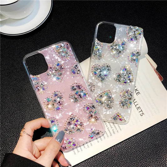 Luxury Marble Phone Case For iPhone 16 15 14 13 12 11 Pro Max 16 Plus XR Case Glitter Bling Diamond Rhinestone Love Heart Cover